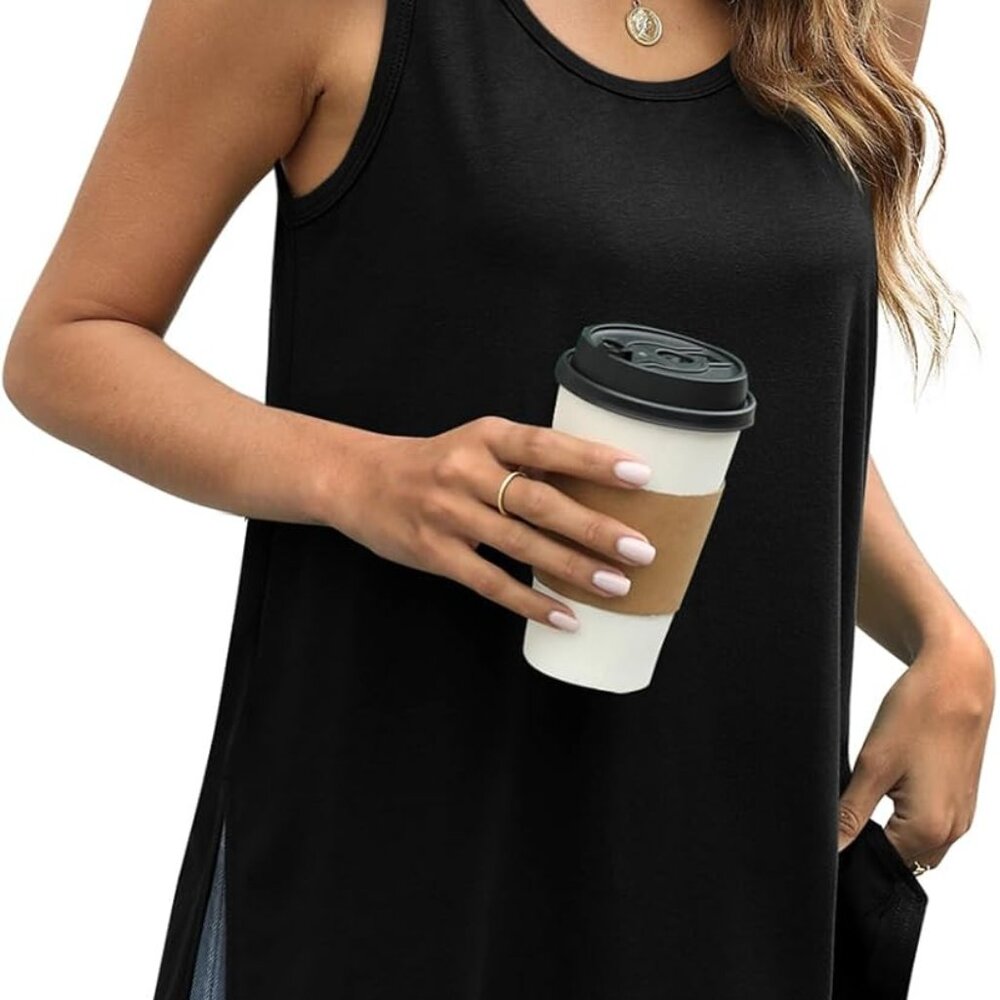 Loose Fit Tank Tops for Women Scoop Neck Summer Side Split Sleeveless Shirts 202